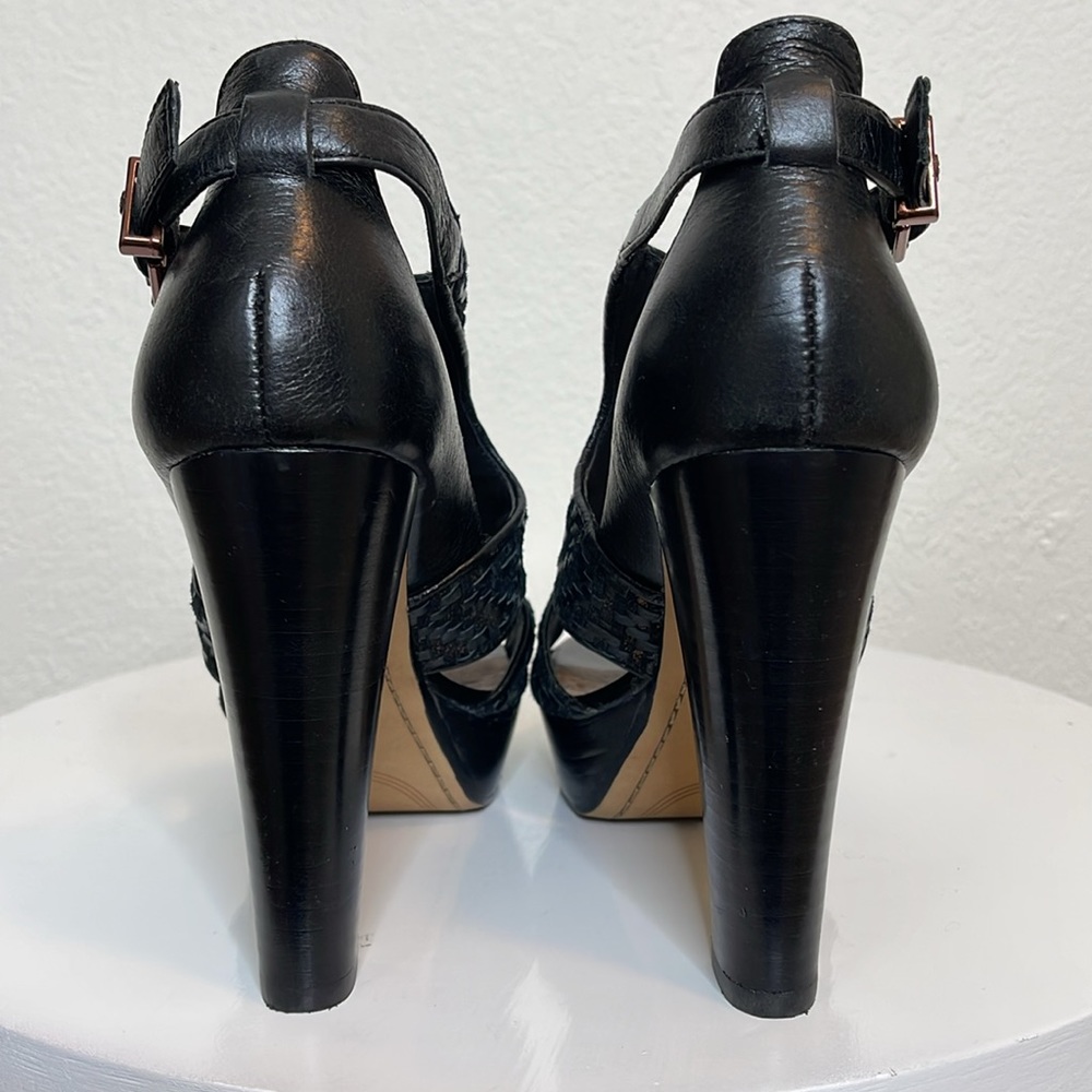 ELLIOTT LUCCA BERNADETTE BLACK WOVEN LEATHER PEEP TOE PLATFORM HEELS **NWOT** - Picture 9 of 16